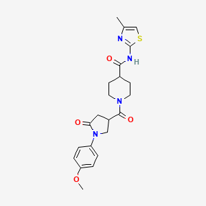 molecular formula C22H26N4O4S B11160005 1-{[1-(4-methoxyphenyl)-5-oxotetrahydro-1H-pyrrol-3-yl]carbonyl}-N~4~-(4-methyl-1,3-thiazol-2-yl)-4-piperidinecarboxamide 