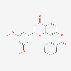 molecular formula C25H24O6 B11160012 2-(3,5-dimethoxyphenyl)-5-methyl-2,3,9,10,11,12-hexahydro-4H,8H-benzo[c]pyrano[2,3-f]chromene-4,8-dione 