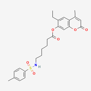 molecular formula C25H29NO6S B11162422 6-ethyl-4-methyl-2-oxo-2H-chromen-7-yl 6-{[(4-methylphenyl)sulfonyl]amino}hexanoate 