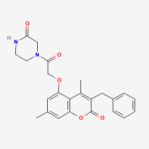 molecular formula C24H24N2O5 B11162640 4-{[(3-benzyl-4,7-dimethyl-2-oxo-2H-chromen-5-yl)oxy]acetyl}piperazin-2-one 