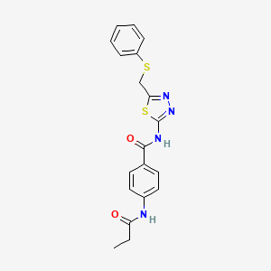 molecular formula C19H18N4O2S2 B11162968 N-{5-[(phenylsulfanyl)methyl]-1,3,4-thiadiazol-2-yl}-4-(propanoylamino)benzamide 