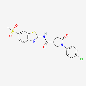 molecular formula C19H16ClN3O4S2 B11165589 1-(4-chlorophenyl)-N-[6-(methylsulfonyl)-1,3-benzothiazol-2-yl]-5-oxopyrrolidine-3-carboxamide 