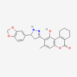 molecular formula C24H22N2O5 B11168137 2-[5-(1,3-benzodioxol-5-yl)-4,5-dihydro-1H-pyrazol-3-yl]-1-hydroxy-3-methyl-7,8,9,10-tetrahydro-6H-benzo[c]chromen-6-one 