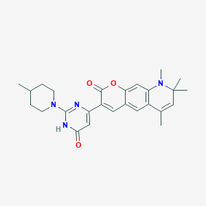 molecular formula C26H30N4O3 B11174997 6,8,8,9-tetramethyl-3-[2-(4-methylpiperidin-1-yl)-6-oxo-1,6-dihydropyrimidin-4-yl]-8,9-dihydro-2H-pyrano[3,2-g]quinolin-2-one 