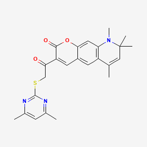 molecular formula C24H25N3O3S B11176410 3-{[(4,6-dimethylpyrimidin-2-yl)sulfanyl]acetyl}-6,8,8,9-tetramethyl-8,9-dihydro-2H-pyrano[3,2-g]quinolin-2-one 