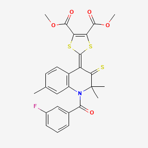 molecular formula C26H22FNO5S3 B11176519 dimethyl 2-{1-[(3-fluorophenyl)carbonyl]-2,2,7-trimethyl-3-thioxo-2,3-dihydroquinolin-4(1H)-ylidene}-1,3-dithiole-4,5-dicarboxylate 