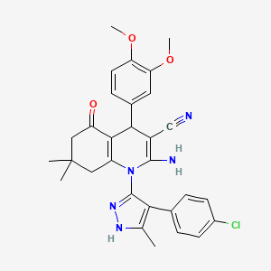 molecular formula C30H30ClN5O3 B11176678 2-amino-1-[4-(4-chlorophenyl)-3-methyl-1H-pyrazol-5-yl]-4-(3,4-dimethoxyphenyl)-7,7-dimethyl-5-oxo-1,4,5,6,7,8-hexahydroquinoline-3-carbonitrile 