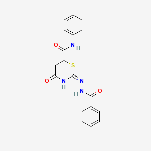 molecular formula C19H18N4O3S B11176876 2-{2-[(4-methylphenyl)carbonyl]hydrazinyl}-4-oxo-N-phenyl-5,6-dihydro-4H-1,3-thiazine-6-carboxamide 