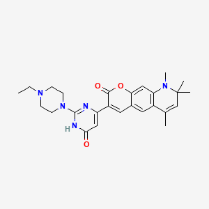 molecular formula C26H31N5O3 B11179566 3-[2-(4-ethylpiperazin-1-yl)-6-oxo-1,6-dihydropyrimidin-4-yl]-6,8,8,9-tetramethyl-8,9-dihydro-2H-pyrano[3,2-g]quinolin-2-one 