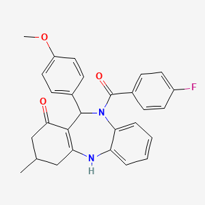 molecular formula C28H25FN2O3 B11179926 10-(4-fluorobenzoyl)-11-(4-methoxyphenyl)-3-methyl-2,3,4,5,10,11-hexahydro-1H-dibenzo[b,e][1,4]diazepin-1-one 