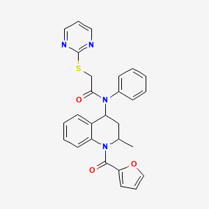 molecular formula C27H24N4O3S B11180457 N-[1-(furan-2-ylcarbonyl)-2-methyl-1,2,3,4-tetrahydroquinolin-4-yl]-N-phenyl-2-(pyrimidin-2-ylsulfanyl)acetamide 