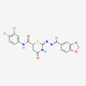 molecular formula C19H14Cl2N4O4S B11182259 2-[(2E)-2-(1,3-benzodioxol-5-ylmethylidene)hydrazinyl]-N-(3,4-dichlorophenyl)-4-oxo-5,6-dihydro-4H-1,3-thiazine-6-carboxamide 