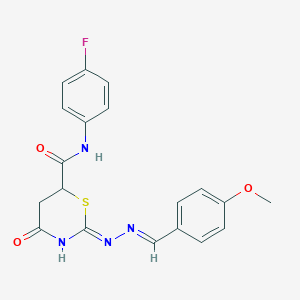 (2Z)-N-(4-fluorophenyl)-4-hydroxy-2-[(2E)-(4-methoxybenzylidene)hydrazinylidene]-5,6-dihydro-2H-1,3-thiazine-6-carboxamide