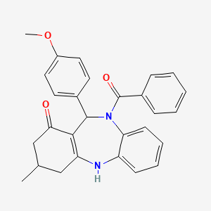 molecular formula C28H26N2O3 B11183449 10-benzoyl-11-(4-methoxyphenyl)-3-methyl-2,3,4,5,10,11-hexahydro-1H-dibenzo[b,e][1,4]diazepin-1-one 