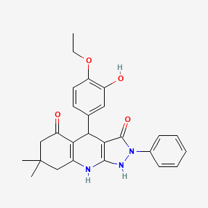 molecular formula C26H27N3O4 B11184153 4-(4-ethoxy-3-hydroxyphenyl)-7,7-dimethyl-2-phenyl-4,7,8,9-tetrahydro-1H-pyrazolo[3,4-b]quinoline-3,5(2H,6H)-dione 