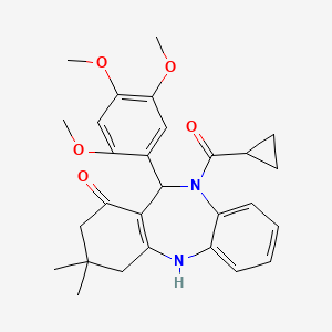 molecular formula C28H32N2O5 B11187048 10-(cyclopropylcarbonyl)-3,3-dimethyl-11-(2,4,5-trimethoxyphenyl)-2,3,4,5,10,11-hexahydro-1H-dibenzo[b,e][1,4]diazepin-1-one 