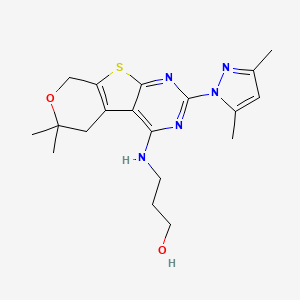 molecular formula C19H25N5O2S B11188536 3-[[5-(3,5-dimethylpyrazol-1-yl)-12,12-dimethyl-11-oxa-8-thia-4,6-diazatricyclo[7.4.0.02,7]trideca-1(9),2,4,6-tetraen-3-yl]amino]propan-1-ol 