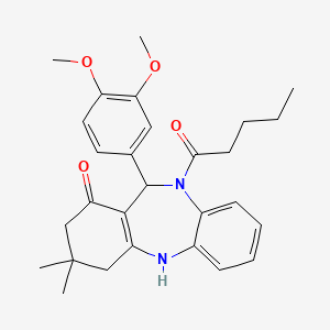 molecular formula C28H34N2O4 B11189537 6-(3,4-Dimethoxyphenyl)-9,9-dimethyl-5-pentanoyl-6,8,10,11-tetrahydrobenzo[b][1,4]benzodiazepin-7-one 