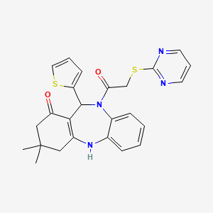 molecular formula C25H24N4O2S2 B11190668 1-[1-hydroxy-3,3-dimethyl-11-(thiophen-2-yl)-2,3,4,11-tetrahydro-10H-dibenzo[b,e][1,4]diazepin-10-yl]-2-(pyrimidin-2-ylsulfanyl)ethanone 