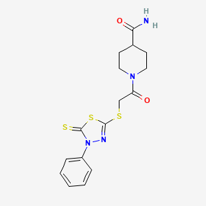 molecular formula C16H18N4O2S3 B11191656 1-{[(4-Phenyl-5-thioxo-4,5-dihydro-1,3,4-thiadiazol-2-yl)sulfanyl]acetyl}piperidine-4-carboxamide 