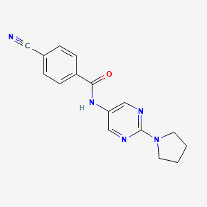 molecular formula C16H15N5O B11193668 4-Cyano-N~1~-[2-(1-pyrrolidinyl)-5-pyrimidinyl]benzamide 