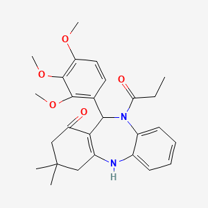 molecular formula C27H32N2O5 B11194478 3,3-dimethyl-10-propanoyl-11-(2,3,4-trimethoxyphenyl)-2,3,4,5,10,11-hexahydro-1H-dibenzo[b,e][1,4]diazepin-1-one 