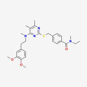 molecular formula C28H36N4O3S B11194779 4-(((4-((3,4-Dimethoxyphenethyl)(methyl)amino)-5,6-dimethylpyrimidin-2-yl)thio)methyl)-N-ethyl-N-methylbenzamide 