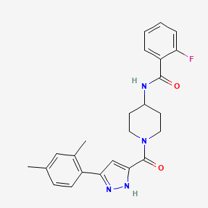 N-(1-(3-(2,4-dimethylphenyl)-1H-pyrazole-5-carbonyl)piperidin-4-yl)-2-fluorobenzamide