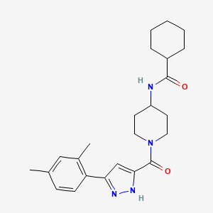 molecular formula C24H32N4O2 B11197502 N-(1-(3-(2,4-dimethylphenyl)-1H-pyrazole-5-carbonyl)piperidin-4-yl)cyclohexanecarboxamide 