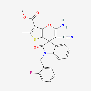 molecular formula C25H18FN3O4S B11198312 Methyl 5'-amino-6'-cyano-1-[(2-fluorophenyl)methyl]-2'-methyl-2-oxo-1,2-dihydrospiro[indole-3,7'-thieno[3,2-B]pyran]-3'-carboxylate 