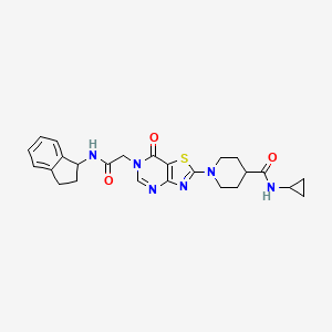 molecular formula C25H28N6O3S B11199864 N-cyclopropyl-1-{6-[2-(2,3-dihydro-1H-inden-1-ylamino)-2-oxoethyl]-7-oxo-6,7-dihydro[1,3]thiazolo[4,5-d]pyrimidin-2-yl}piperidine-4-carboxamide 