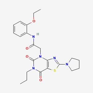 molecular formula C22H27N5O4S B11200001 2-(5,7-Dioxo-6-propyl-2-(pyrrolidin-1-yl)-6,7-dihydrothiazolo[4,5-d]pyrimidin-4(5H)-yl)-N-(2-ethoxyphenyl)acetamide 