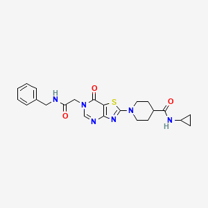 molecular formula C23H26N6O3S B11201005 1-{6-[2-(benzylamino)-2-oxoethyl]-7-oxo-6,7-dihydro[1,3]thiazolo[4,5-d]pyrimidin-2-yl}-N-cyclopropylpiperidine-4-carboxamide 