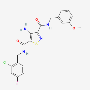 molecular formula C20H18ClFN4O3S B11201272 4-amino-N~5~-(2-chloro-4-fluorobenzyl)-N~3~-(3-methoxybenzyl)-1,2-thiazole-3,5-dicarboxamide 