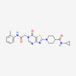 molecular formula C23H26N6O3S B11202307 N-Cyclopropyl-1-(6-{[(2-methylphenyl)carbamoyl]methyl}-7-oxo-6H,7H-[1,3]thiazolo[4,5-D]pyrimidin-2-YL)piperidine-4-carboxamide 