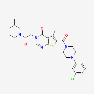 molecular formula C26H30ClN5O3S B11203000 6-[4-(3-Chlorophenyl)piperazine-1-carbonyl]-5-methyl-3-[2-(3-methylpiperidin-1-YL)-2-oxoethyl]-3H,4H-thieno[2,3-D]pyrimidin-4-one CAS No. 451459-11-3