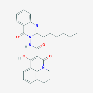 molecular formula C27H28N4O4 B11204387 N-(2-Hexyl-4-oxo-3(4H)-quinazolinyl)-7-hydroxy-5-oxo-2,3-dihydro-1H,5H-pyrido[3,2,1-IJ]quinoline-6-carboxamide 