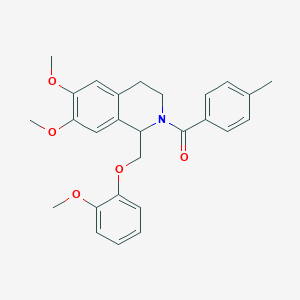 molecular formula C27H29NO5 B11206280 (6,7-dimethoxy-1-((2-methoxyphenoxy)methyl)-3,4-dihydroisoquinolin-2(1H)-yl)(p-tolyl)methanone 