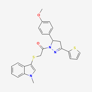 molecular formula C25H23N3O2S2 B11206789 1-(5-(4-methoxyphenyl)-3-(thiophen-2-yl)-4,5-dihydro-1H-pyrazol-1-yl)-2-((1-methyl-1H-indol-3-yl)thio)ethanone 