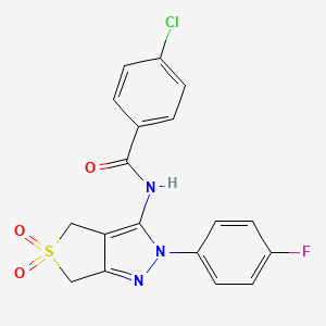 molecular formula C18H13ClFN3O3S B11208228 4-chloro-N-(2-(4-fluorophenyl)-5,5-dioxido-4,6-dihydro-2H-thieno[3,4-c]pyrazol-3-yl)benzamide 