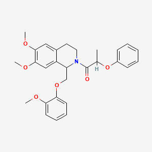 molecular formula C28H31NO6 B11208422 1-(6,7-dimethoxy-1-((2-methoxyphenoxy)methyl)-3,4-dihydroisoquinolin-2(1H)-yl)-2-phenoxypropan-1-one 