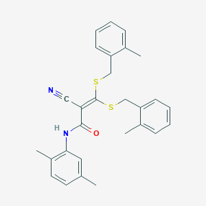 2-cyano-N-(2,5-dimethylphenyl)-3,3-bis[(2-methylphenyl)methylsulfanyl]prop-2-enamide