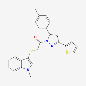 molecular formula C25H23N3OS2 B11209907 2-((1-methyl-1H-indol-3-yl)thio)-1-(3-(thiophen-2-yl)-5-(p-tolyl)-4,5-dihydro-1H-pyrazol-1-yl)ethanone 