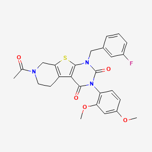 molecular formula C26H24FN3O5S B11210136 11-acetyl-4-(2,4-dimethoxyphenyl)-6-[(3-fluorophenyl)methyl]-8-thia-4,6,11-triazatricyclo[7.4.0.02,7]trideca-1(9),2(7)-diene-3,5-dione 