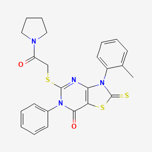 molecular formula C24H22N4O2S3 B11211290 5-((2-Oxo-2-(pyrrolidin-1-yl)ethyl)thio)-6-phenyl-2-thioxo-3-(o-tolyl)-2,3-dihydrothiazolo[4,5-d]pyrimidin-7(6H)-one 