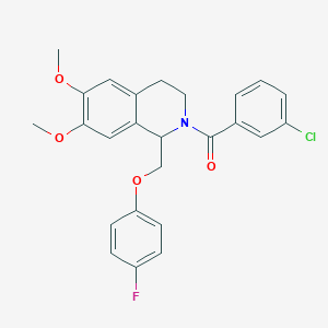 molecular formula C25H23ClFNO4 B11211462 (3-chlorophenyl)(1-((4-fluorophenoxy)methyl)-6,7-dimethoxy-3,4-dihydroisoquinolin-2(1H)-yl)methanone 