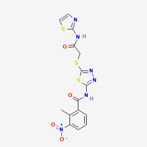 molecular formula C15H12N6O4S3 B11212280 2-methyl-3-nitro-N-(5-((2-oxo-2-(thiazol-2-ylamino)ethyl)thio)-1,3,4-thiadiazol-2-yl)benzamide 