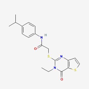 molecular formula C19H21N3O2S2 B11213090 2-[(3-ethyl-4-oxo-3,4-dihydrothieno[3,2-d]pyrimidin-2-yl)sulfanyl]-N-[4-(propan-2-yl)phenyl]acetamide 