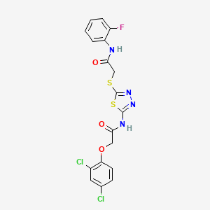 molecular formula C18H13Cl2FN4O3S2 B11213610 2-(2,4-dichlorophenoxy)-N-(5-((2-((2-fluorophenyl)amino)-2-oxoethyl)thio)-1,3,4-thiadiazol-2-yl)acetamide 