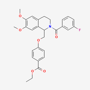 molecular formula C28H28FNO6 B11213815 Ethyl 4-((2-(3-fluorobenzoyl)-6,7-dimethoxy-1,2,3,4-tetrahydroisoquinolin-1-yl)methoxy)benzoate 